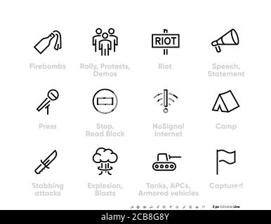 Les grandes icônes linéaires minces et minces outils nécessaires pour les émeutes, la guerre, la protestation, la révolution. Vecteur de ligne modifiable. Pictogramme de groupe. Badges arme, affiche anti-émeute, p Illustration de Vecteur