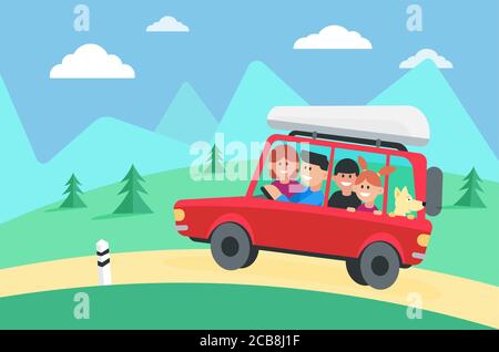 Illustration du vecteur plat de déplacement automatique. Famille heureuse avec un chien dans des personnages de dessin animé automobile. Parents, enfants voyageant en voiture, arrière-plan des montagnes et de la forêt. Voyage en voiture, tourisme et vacances Illustration de Vecteur