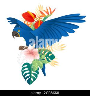 Le joli perroquet Macaw est orné de feuilles vertes et de fleurs rouges tête dessin animé animal dessin plat vecteur illustration isolée sur blanc arrière-plan Illustration de Vecteur