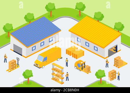 Travailleurs isométriques chargeant et déchargeant des véhicules dans la cour de l'entrepôt société Illustration de Vecteur