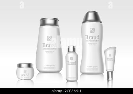 Bouteilles blanches de marque cosmétique avec logo de marque maquette d'emballage. Modèle de bannière publicitaire. Produits de soin de la peau avec reflet sur fond clair maquette. Illustrations 3D de poster publicitaire vectoriel. Illustration de Vecteur