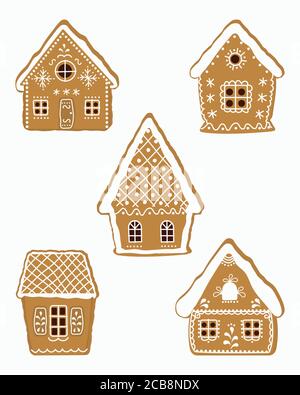 Ensemble de maisons en pain d'épice. Biscuits de Noël. Illustration vectorielle Illustration de Vecteur