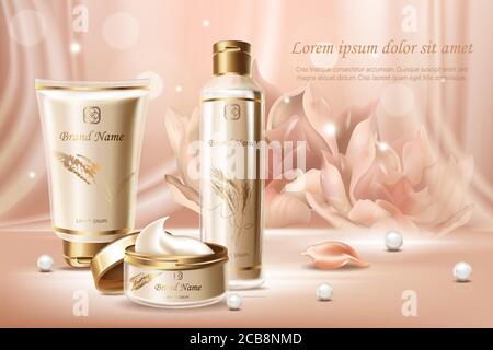 Pearl extrait cosmétiques publicité bannière modèle de vecteur. Pot à crème, flacon et tube de lotion, récipients en plastique illustration réaliste sur fond rose. Concept de la gamme de produits de beauté naturels Illustration de Vecteur