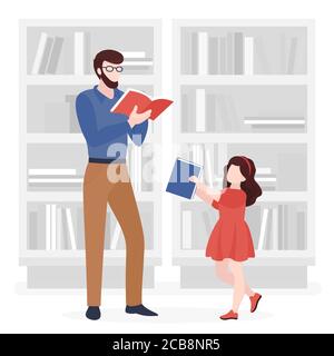 Père et fille lisant des livres illustration vectorielle plate. Homme adulte en lunettes et petite fille tenant des personnages de dessin animé de livre. Parent et enfant dans la bibliothèque, réserver ensemble. Concept de paternité Illustration de Vecteur