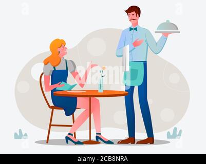 Client et serveur dans l'illustration du vecteur café. Personnages de dessins animés masculins et féminins au restaurant chic dans un style plat. Homme servant un plat à la femme dans un restaurant de luxe. Fille caucasienne déjeuner Illustration de Vecteur