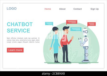 Modèle de vecteur de page de renvoi du service Chatbot. L'idée de la page d'accueil du site Web de la technologie moderne de l'IA avec des illustrations vectorielles plates. Apprentissage machine, Internet assistance web bannière dessin animé concept Illustration de Vecteur