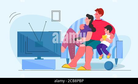 Illustration vectorielle à écran plat pour téléviseur familial. Parents sur le canapé à la maison. Mère, père et enfant regardant la télévision. Scène de loisirs du week-end. Parents et enfants personnages de dessin animé temps ensemble. Illustration de Vecteur