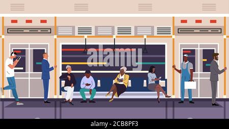 Personnes en train de métro personnages de vecteur plat. Femmes et hommes dans le métro public. Passagers afro-américains et caucasiens en transport urbain. Illustration de l'intérieur du train de chemin de fer souterrain Illustration de Vecteur