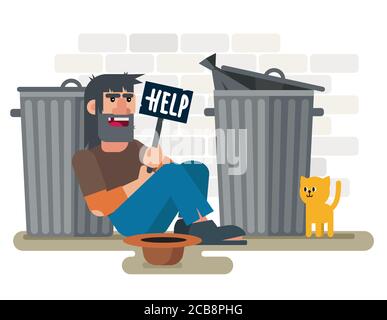 Sans-abri triste pauvre homme est assis sur le sol près des poubelles avec plaque d'aide et illustration de vecteur de chat. Illustration de Vecteur