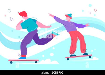 Illustrations vectorielles abstraites plates de skateboard adolescent. Les adolescents patinaient sur les planches. Activités de loisirs urbaines en plein air. Des amis de sexe masculin qui font des sports extrêmes. Concept de skateboard Illustration de Vecteur