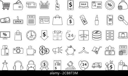 ensemble de cinquante icônes de collection de jeux d'achats dessin vectoriel d'illustration Illustration de Vecteur