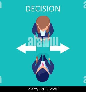 Vue de dessus vecteur d'un homme d'affaires et d'une femme d'affaires debout l'un contre l'autre regardant les flèches pointant dans des directions opposées. Illustration de Vecteur