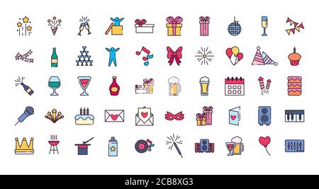 Ensemble de 50 icônes style ligne et bourre, fête fête fête anniversaire joyeux anniversaire surprise anniversaire et thème décoratif illustration vectorielle Illustration de Vecteur