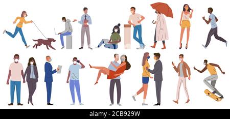 Multiracial personnes vêtements décontractés avec protection médicale visage masques différentes poses. Hommes femmes portant une protection contre le coronavirus, Covid-19, 2019-nCoV, illustration du vecteur de pollution atmosphérique urbaine Illustration de Vecteur