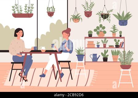 Deux jolies femmes boivent du thé assis dans un café écologique orangery concept d'illustration de vecteur plat. Ambiance chaleureuse, grande fenêtre, beaucoup de plantes sur place, environnement en laine de coton, nourriture et boissons saines Illustration de Vecteur