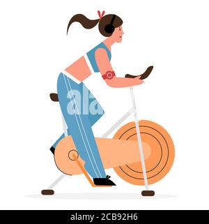 Active girl manèges à l'exercice papeterie vélo plat vecteur illustration concept. Bicyclette jeune femme faisant des activités sportives de spinning, à la maison forme physique sain concept de mode de vie Illustration de Vecteur