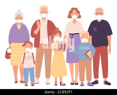 Vector Grande famille dans les masques médicaux de protection. Hommes femmes père mère grands-parents et enfants portant une protection contre le coronavirus, covid-19, 2019-nCoV, pollution atmosphérique urbaine, émissions de gaz Illustration de Vecteur