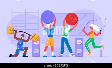 Senior vieux cheveux blancs personnes faisant des exercices dans la salle de gym illustration vectorielle plate. Les vieux hommes et les femmes sautent la corde, faire de la forme physique avec des balles de fitness dans sporthall. Concept de mode de vie sain Illustration de Vecteur