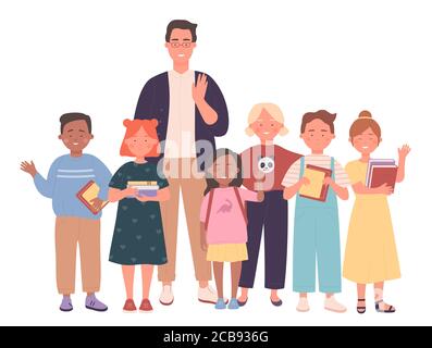 Illustration vectorielle pour enseignant et enfant. Des pédagogues et des élèves, des adultes souriants et des écoliers des personnages plats. Groupe d'étude, photo de classe, homme éducateur avec enfants, apprenants et personnel enseignant Illustration de Vecteur