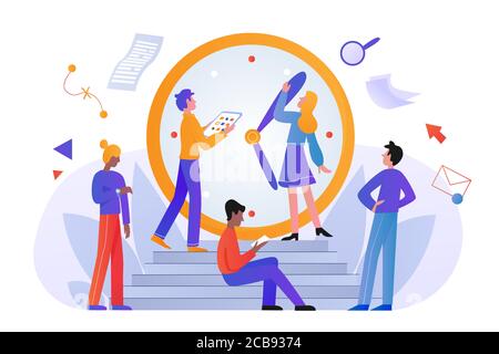 Gestion du temps pour la planification et le contrôle de la vie concept illustration de vecteur plat. Gestion des horaires, organisation des flux de travail. Planification efficace du travail, contrôle de l'entreprise, temps de travail efficace Illustration de Vecteur