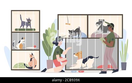 Abri pour animaux avec animaux dans des cages. Homme et femme volontaires nourrissant des animaux dessin animé vecteur plat illustration. Illustration de Vecteur