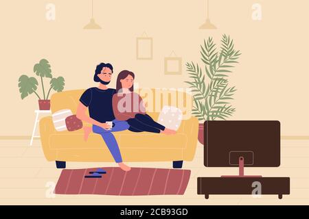 Un jeune couple familial assis sur un canapé et regardant un film à la télévision dans la salle de séjour. Loisirs à la maison temps libre, les gens se reposant et passant du temps ensemble dessin animé vecteur plat illustration Illustration de Vecteur