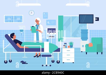 Le médecin visite le patient dans l'hôpital, illustration du vecteur de caractère plat. Intérieur détaillé clinique moderne, grande salle de lumière, lit confortable et équipement médical. Salle de thérapie intensive de l'hôpital. Illustration de Vecteur