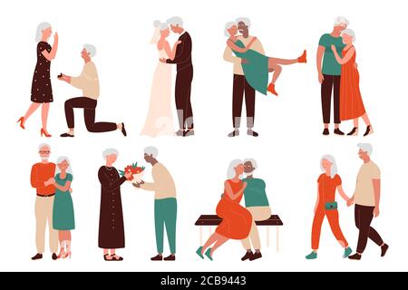 Jeu d'illustrations vectorielles plates de personnages Happy Loving couples âgés. Les hommes et les femmes seniors se réunissent, proposition de mariage, mariage, assis dans un hug sur le banc, marchant main dans la main Illustration de Vecteur