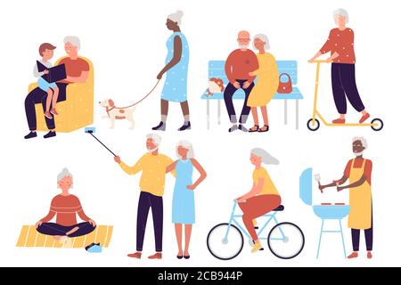 Jeu d'illustrations vectorielles plates multiraciales Old Active social People isolé sur fond blanc. Des hommes et des femmes positifs avec enfant, animal de compagnie, en couple, faire du yoga, faire du scooter, vélo, saucisses de grill Illustration de Vecteur