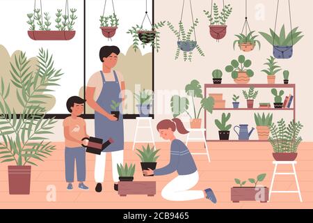 Les gens de famille travaille avec des plantes dans l'orangerie publique ou privée, jardin plat illustration vectorielle. Plantes de maison en pots dans la salle de lumière, serre, jardin botanique, fleurs en croissance, pépinière Illustration de Vecteur