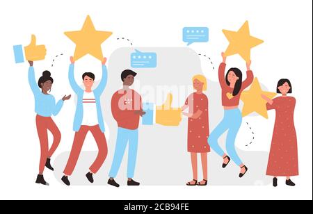 J'aime son concept de personnage illustration vectorielle plate. Expérience des médias sociaux, succès des affaires en ligne, commentaires, Web. Jeunes souriants portant des symboles d'icônes pour l'évaluation de la publication. Illustration de Vecteur