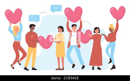 J'aime les médias sociaux avec des gens et des coeurs souriants. J'aime son concept de symbole illustration vectorielle plate. Communication, apparence et développement des relations dans les réseaux sociaux Illustration de Vecteur