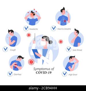 Infographie sur les symptômes du coronavirus illustration du vecteur plat. Les icônes en cercle avec le médecin au milieu montrent des signes de covid 19. Difficile à respirer, mal de gorge, fièvre élevée, diarrhée, toux, maux de tête Illustration de Vecteur