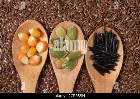 Graines différentes -maïs, courge, café- en cuillères en bois sur une surface de graines et fond brun Banque D'Images