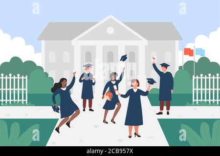 Illustration vectorielle des étudiants diplômés heureux. Caricature de jeunes gens de différentes nations sautant avec Cap, certificat ou diplôme en mains, personnages célébrant l'éducation de la remise des diplômes Illustration de Vecteur