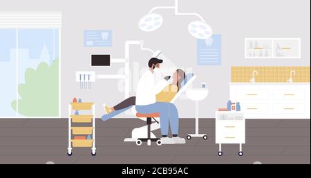 Illustration d'un vecteur d'examen hospitalier pour dentiste. Dessin animé plat femme médecin personnage tenant instrument, examinant homme patient dans la salle de bureau médical intérieur. Soins dentaires, soins dentaires Illustration de Vecteur