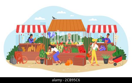 Illustration vectorielle du marché agricole d'aliments biologiques. Caricature agriculteur plat caractère vendeur vendant des fruits et légumes frais de récolte à la rue place du marché, les gens dans la rue foire isolée sur blanc Illustration de Vecteur