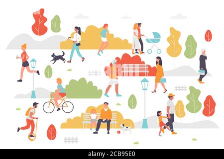 Illustrations vectorielles pour les personnes actives dans les parcs d'été. Dessin animé couple plat personnages ou famille avec enfant marchant à vélo, assis sur le banc, jouer et jogging. Activité extérieure dans le parc de la ville, isolée sur blanc Illustration de Vecteur