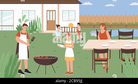 Illustrations vectorielles de pique-nique pour les familles en été. Dessin animé plat heureux mère père picnickers grill viande saucisses, amusant enfants personnages jouer jeu. Soirée barbecue, activités extérieures le week-end Illustration de Vecteur