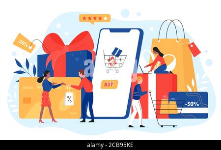 Les gens achètent l'illustration vectorielle en ligne. Caricature plate minuscules personnages acheteurs shopping en ligne, achat achats, utilisation de l'application pour smartphone mobile pour la commande, réduction publicité commerciale isolée sur blanc Illustration de Vecteur