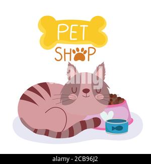 animalerie, chat endormi avec nourriture et poisson peut vétérinaire clinique illustration de vecteur alimentaire Illustration de Vecteur