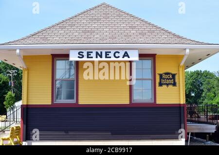 Seneca, Illinois, États-Unis. Seneca Station dépôt de chemin de fer restauré dans sa communauté de noms. Banque D'Images