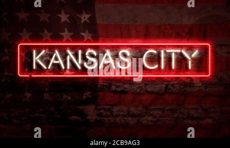 Kansas City Pop Art Word Neon sough avec drapeau américain Mur graffiti en brique de grunge Banque D'Images