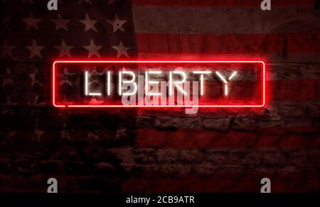Word Art Liberty sur American Flag Grunge Brick Wall Pop Art Banque D'Images