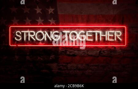 Fort ensemble sur le panneau mural en forme de brique Grunge Pop Art Neon Avec drapeau américain Banque D'Images