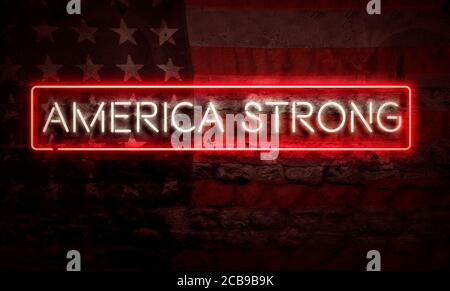 America Strong Graphic Pop Art Neon Sign On Grunge Brick Mur avec drapeau américain Banque D'Images