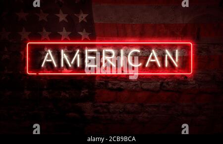 Le mur de briques Grunge est illuminé par l'art pop de l'American Word Néon avec drapeau américain Banque D'Images