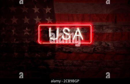 Etats-Unis Grunge Pop Art Neon Sign lit Up America Proud Mur de briques drapeau Banque D'Images