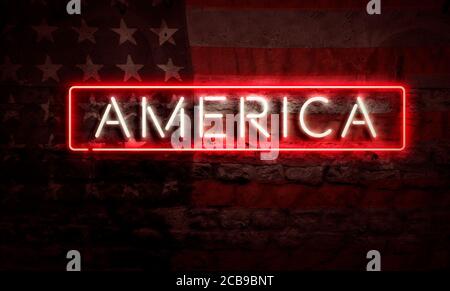 Graphique sur mur de briques avec l'America Word et le drapeau américain Banque D'Images