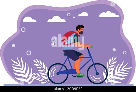 Illustration simple à vecteur plat d'UN jeune homme à vélo portant un masque de protection pendant la pandémie du coronavirus Covid-19. Illustration de Vecteur